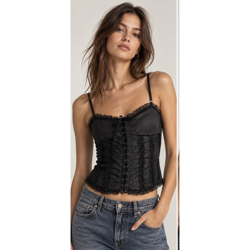 Vintage Y2K Black Lace Corset Bustier Top Y2K Hook Front Adjustable Straps